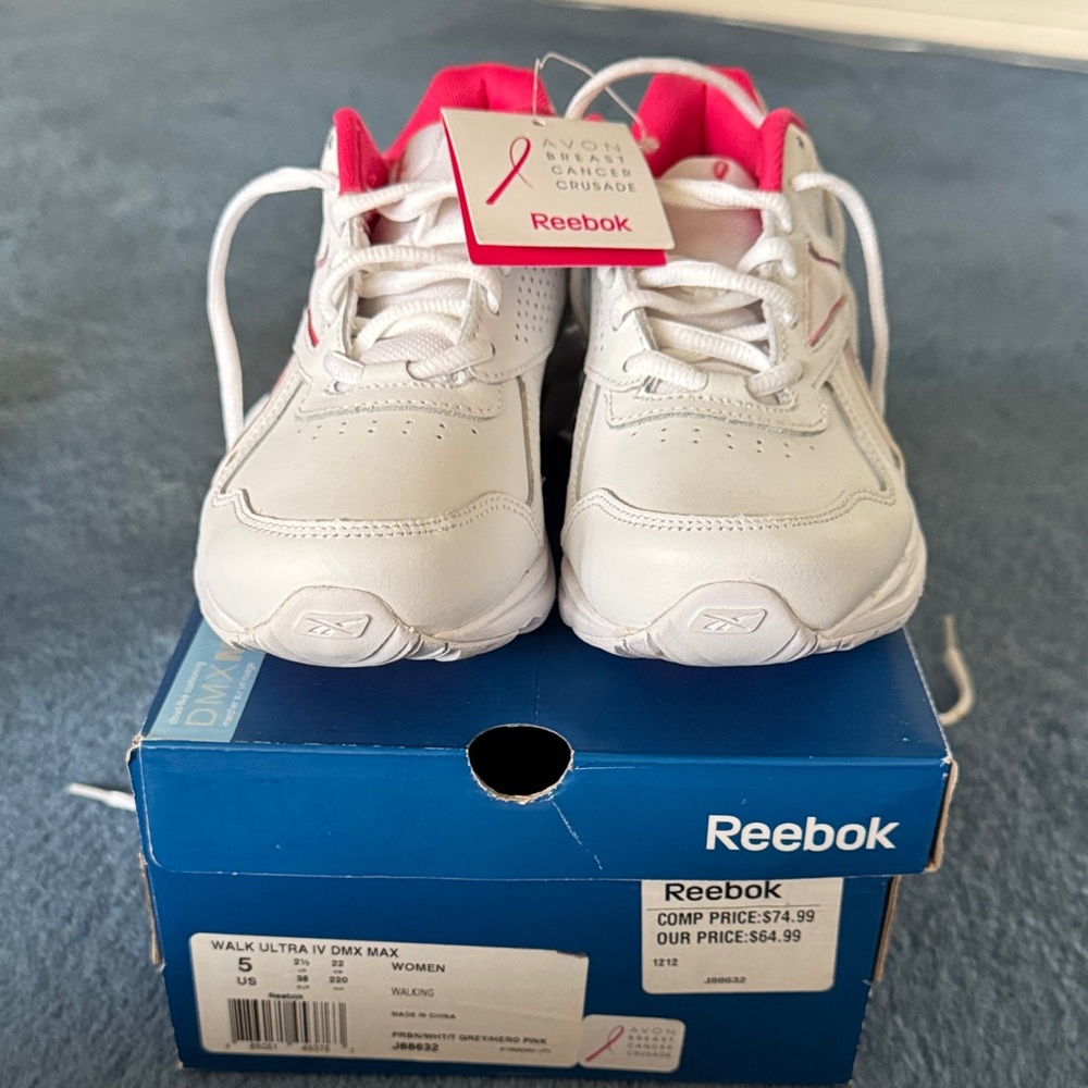 NWT! In box! Reebok Women’s Walk Ultra 4 DMX Max, size 5, white/gray/hero pink